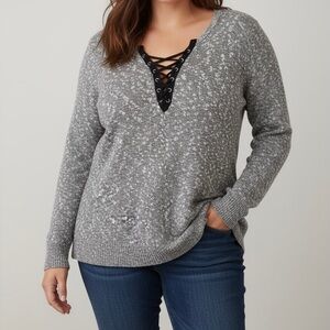 Torrid Sweater 3X Gray/White/Black Boho Lace-Up V-Neck Comfortcore Windsorcore